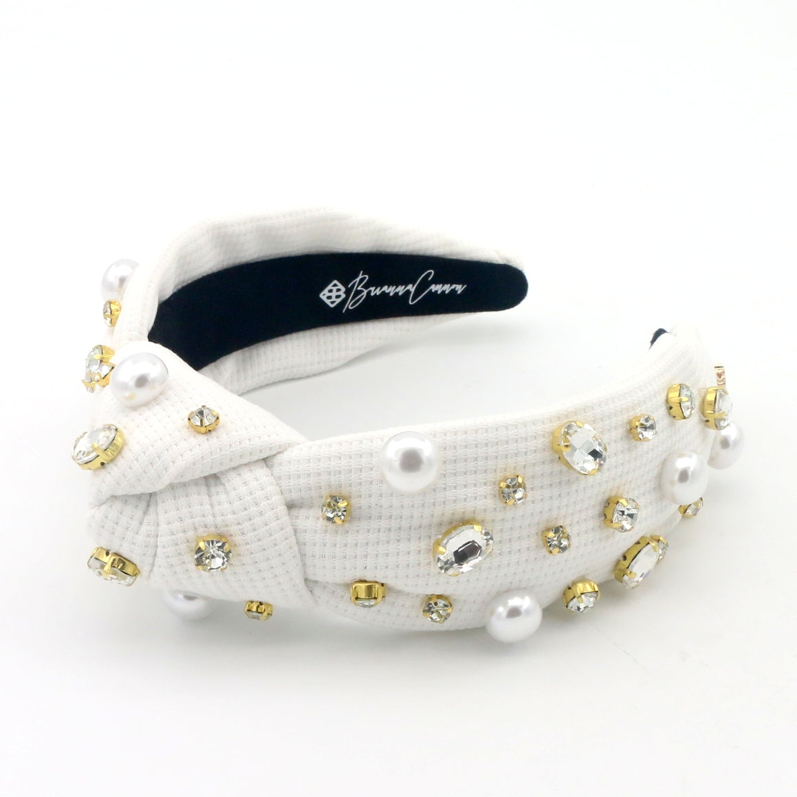 White Twill Headband with Large Pearls and Crystals