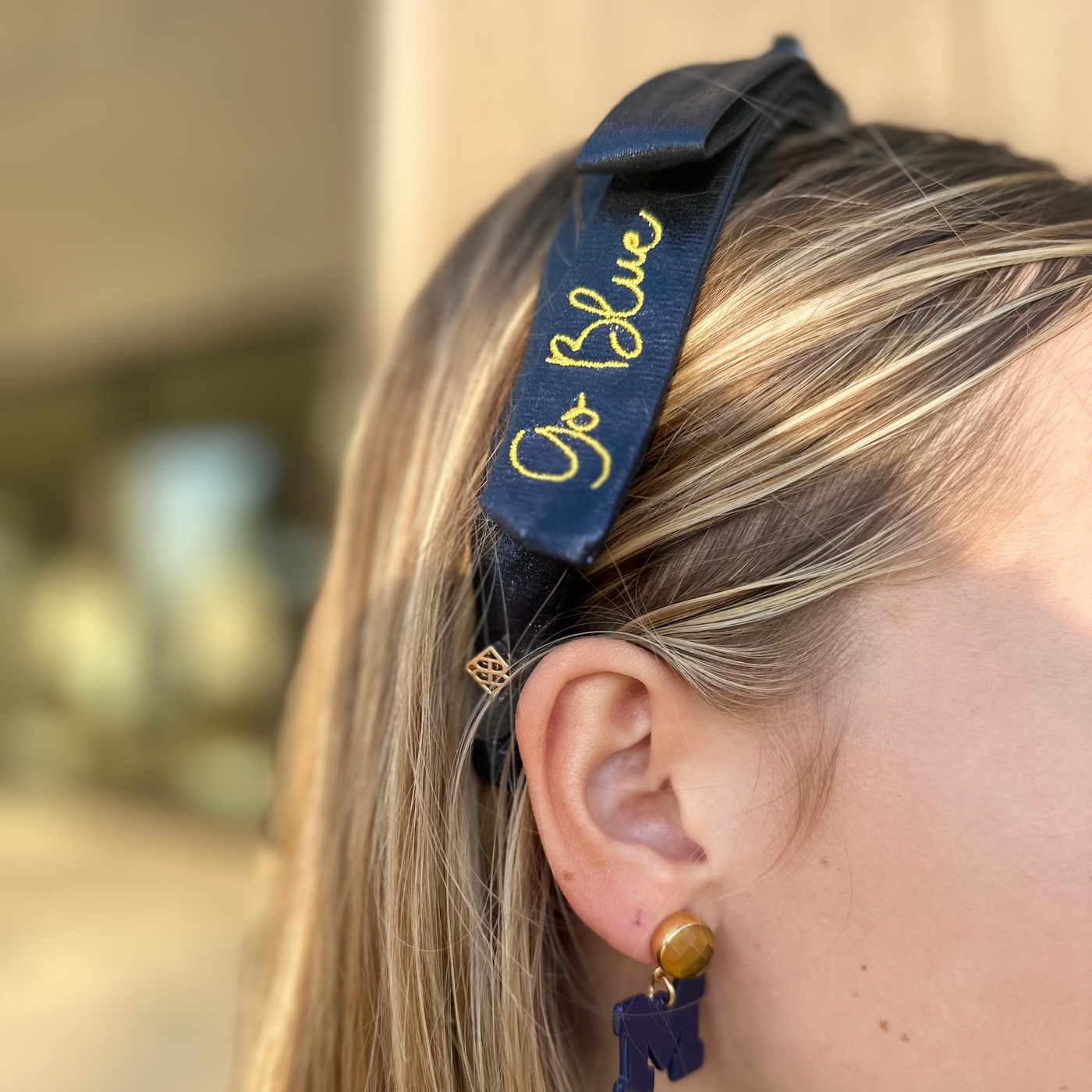 Michigan Navy Thin Embroidered Ribbon Bow Headband