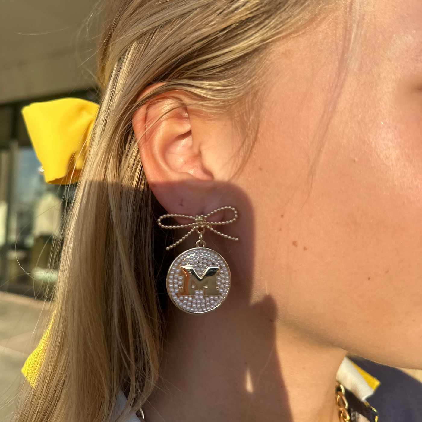 Michigan Pearl Bow Medallion Earrings