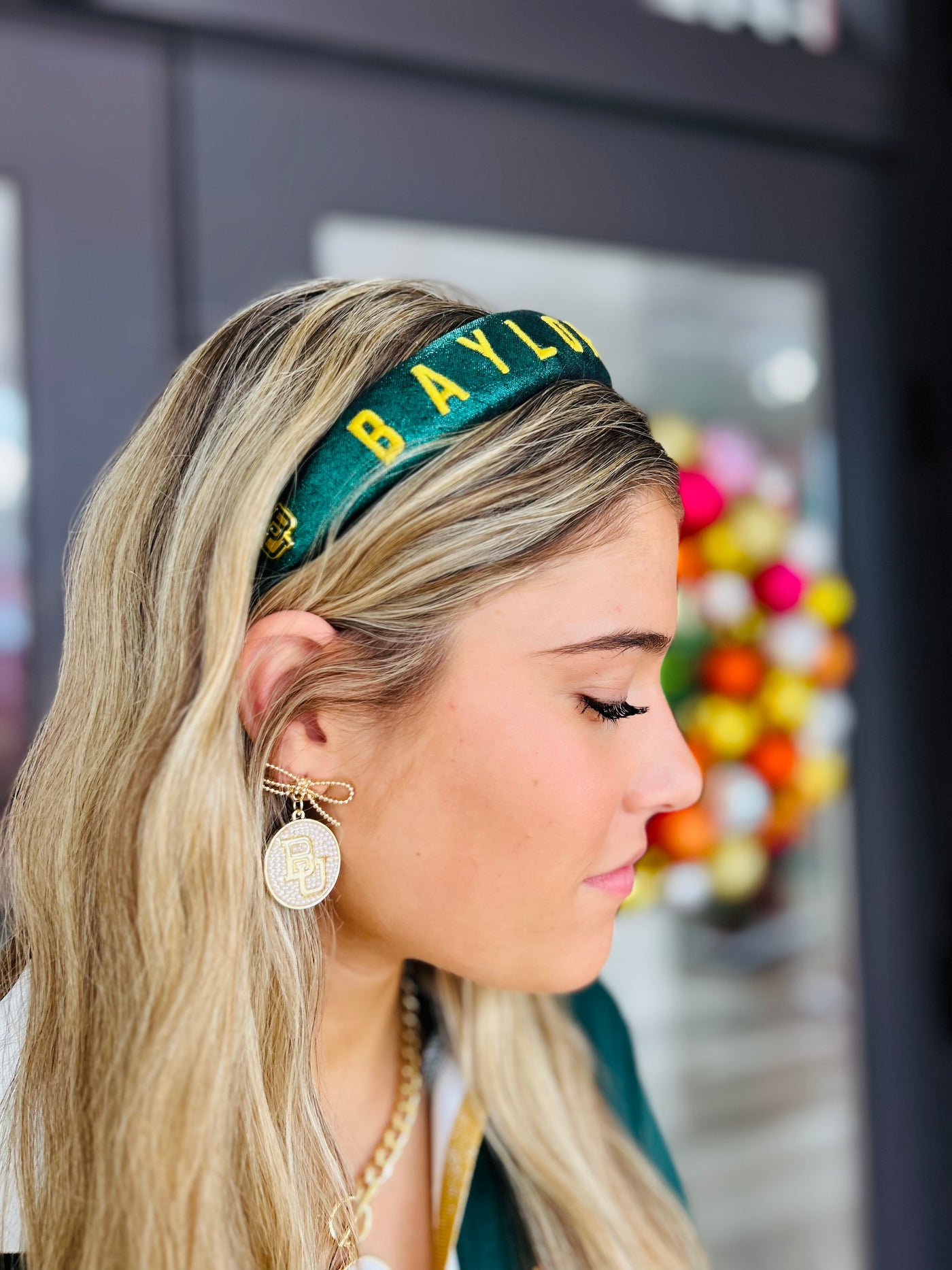 Baylor Green Thin Embroidered Headband