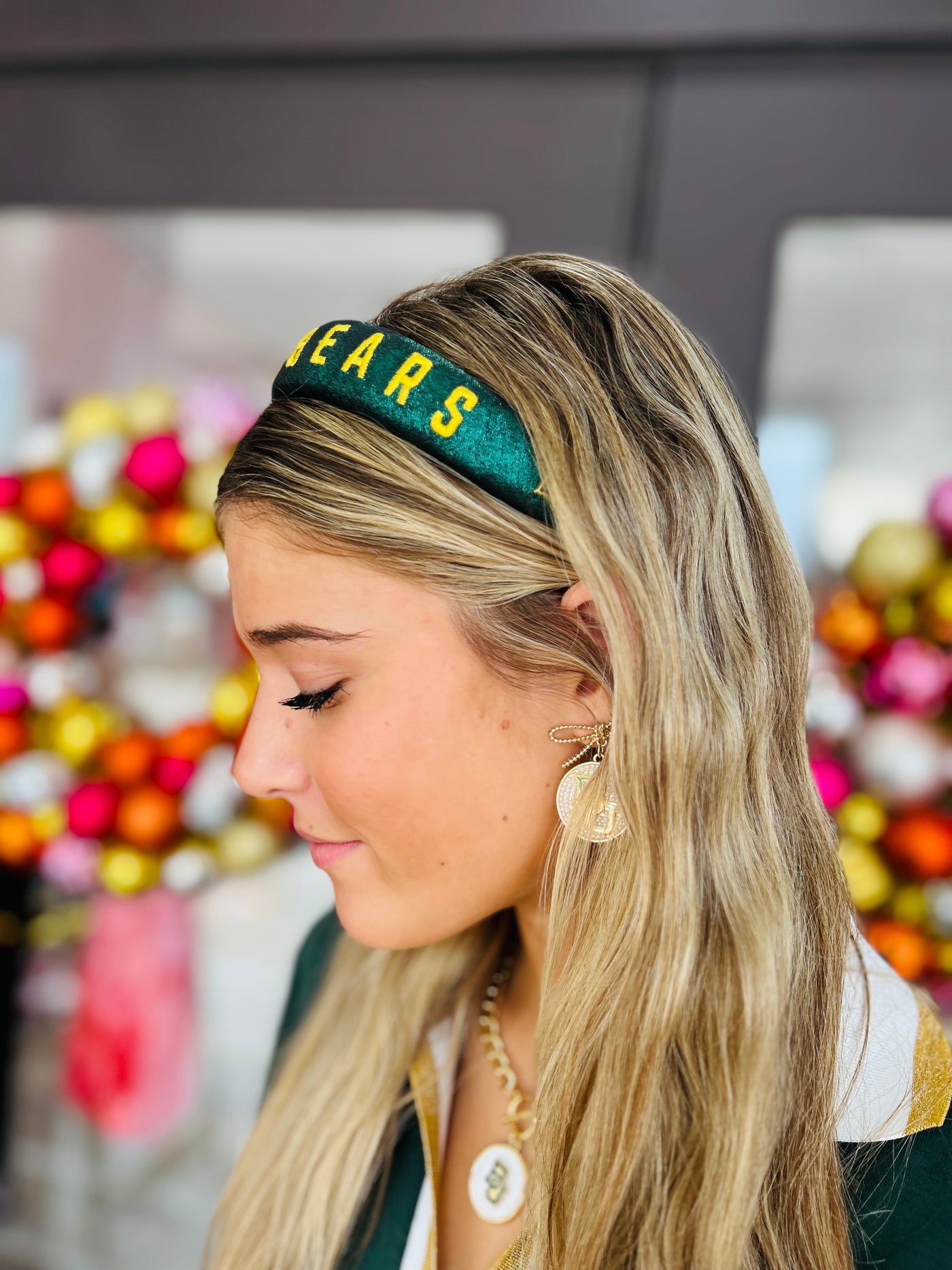 Baylor Green Thin Embroidered Headband