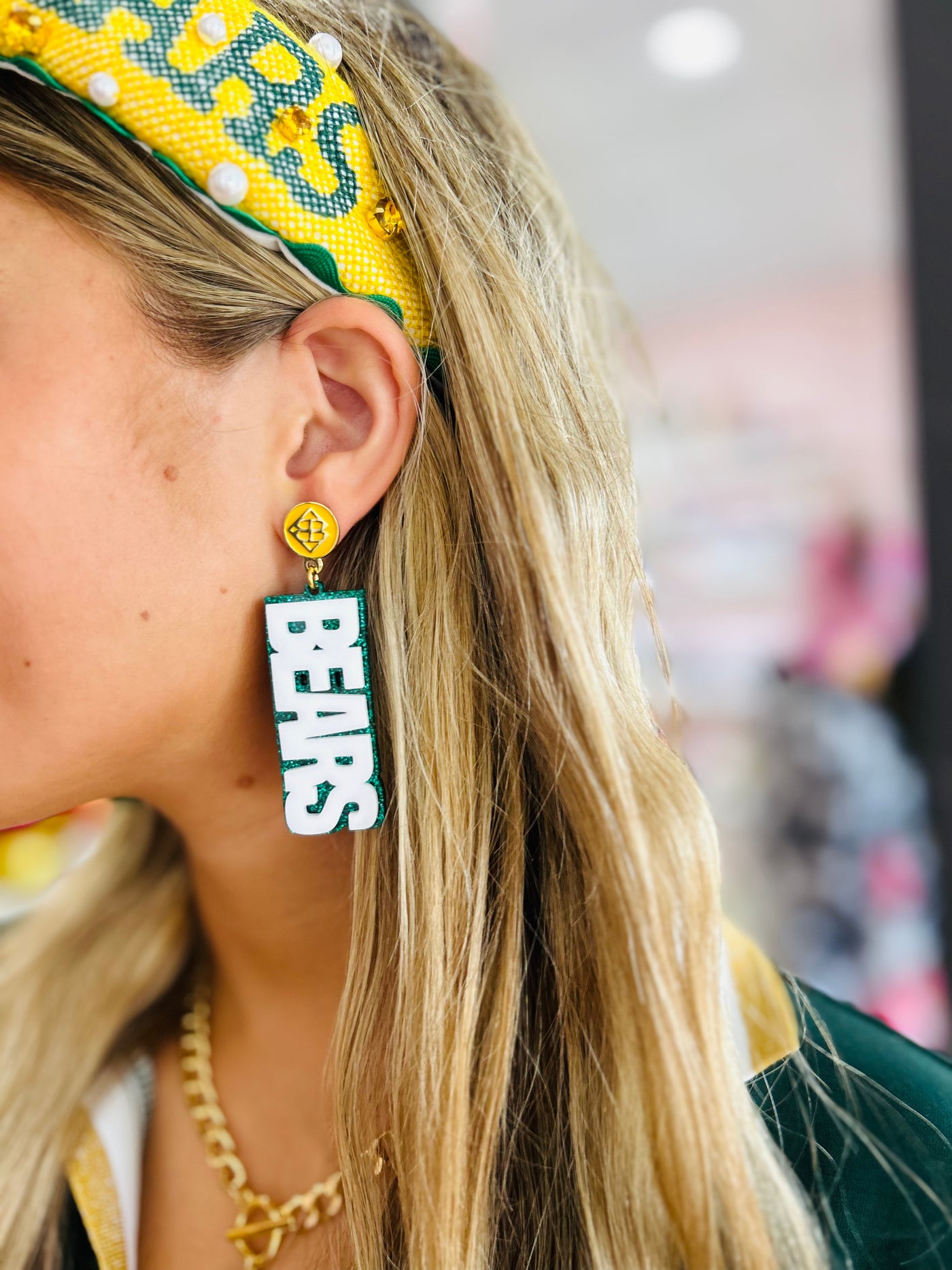 Baylor White and Green Glitter Sic'Em Bears Earrings