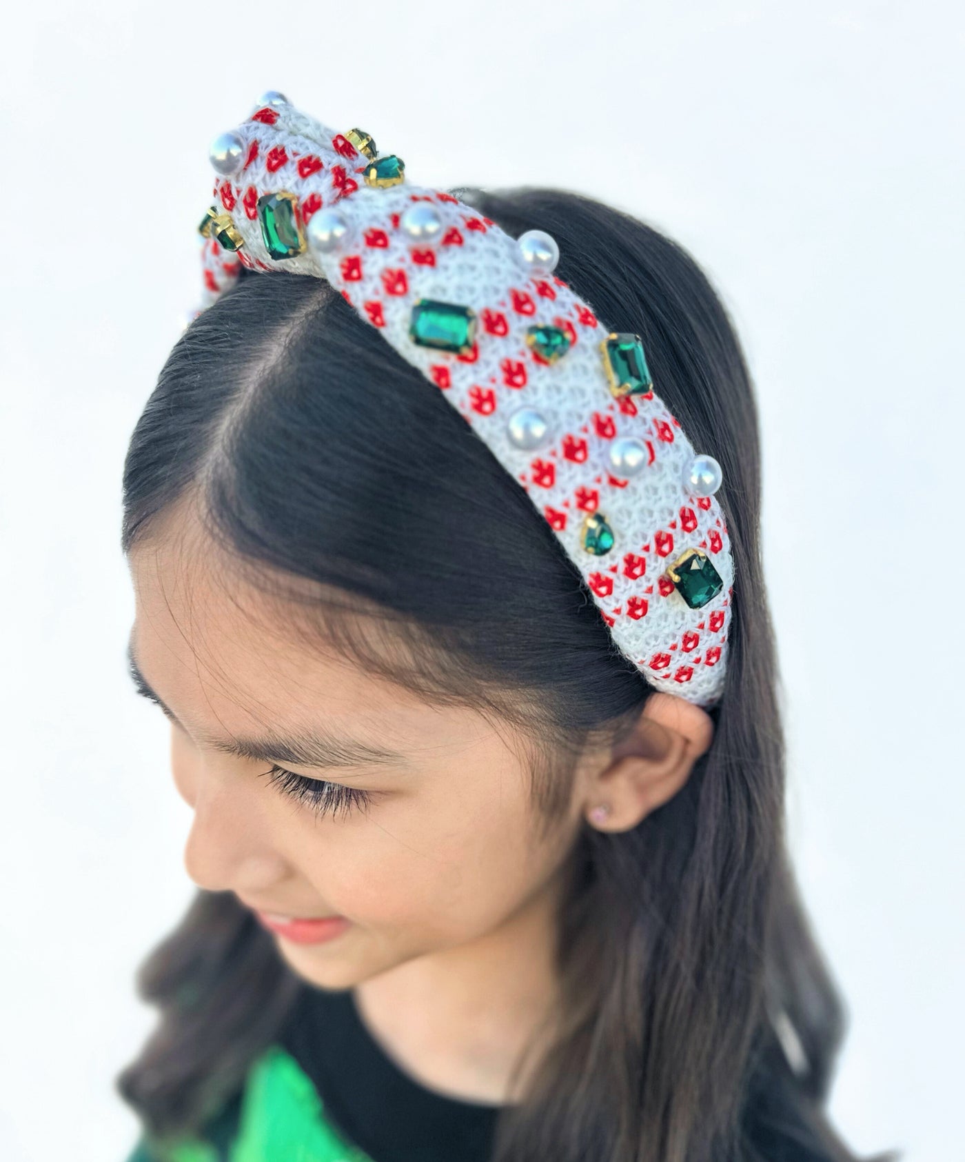 Child Size White & Red Knit Winter Headband with Crystals & Pearls