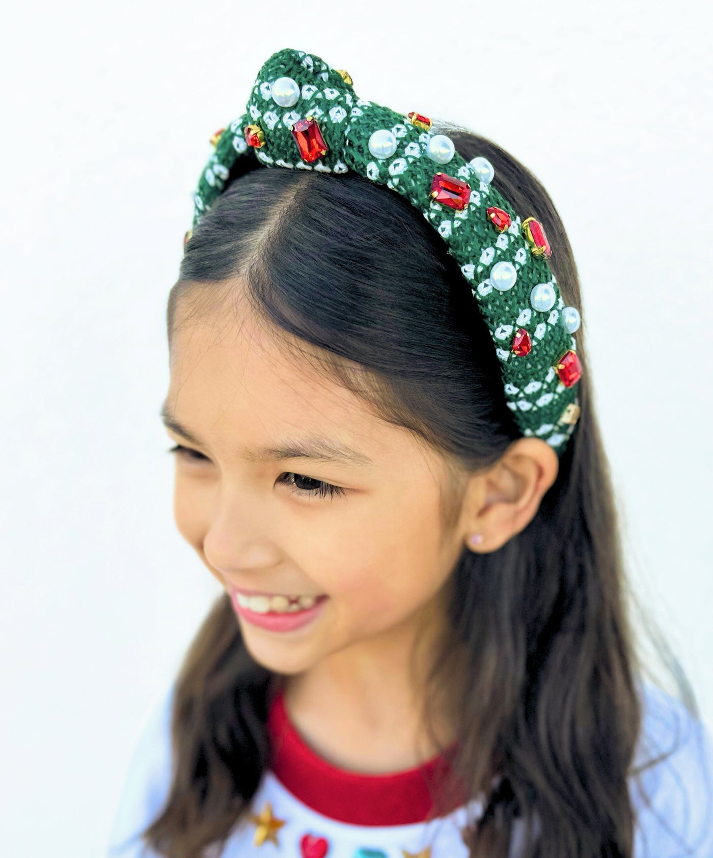 Child Size Green & White Knit Winter Headband with Crystals & Pearls