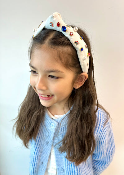 Child Size White TCA Logo Headband With Pearls and Crystals