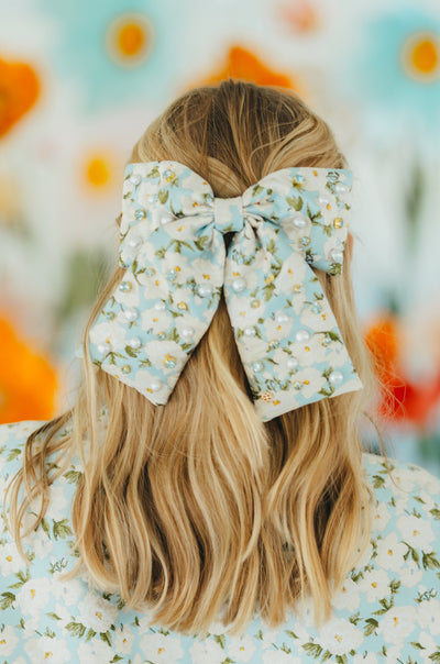 Light Blue & White Floral Bow Barrette with Crystals & Pearls