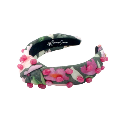 Child Size Mossy Floral Headband with Pink Beads