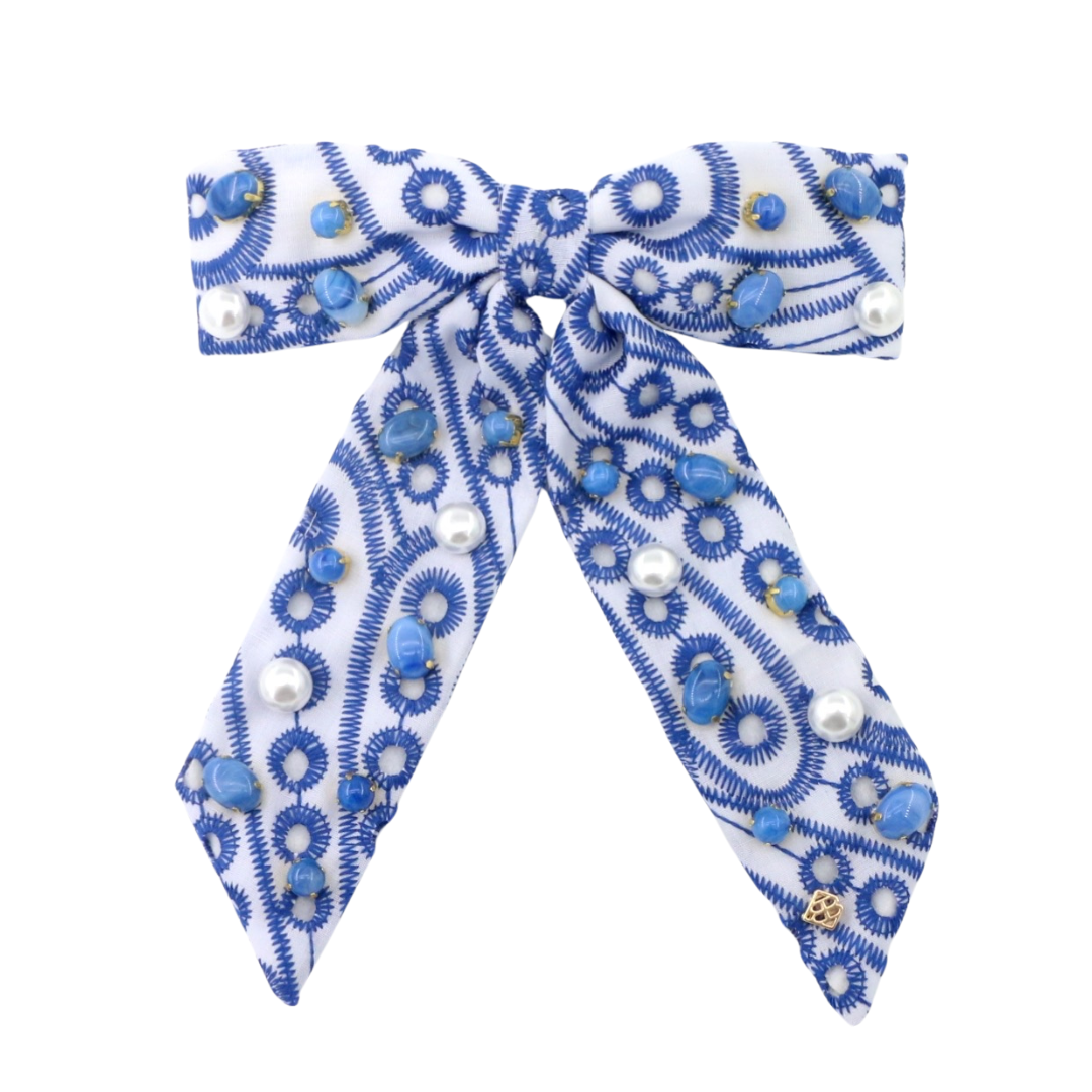 Blue & White Mykonos Eyelet Bow Barrette