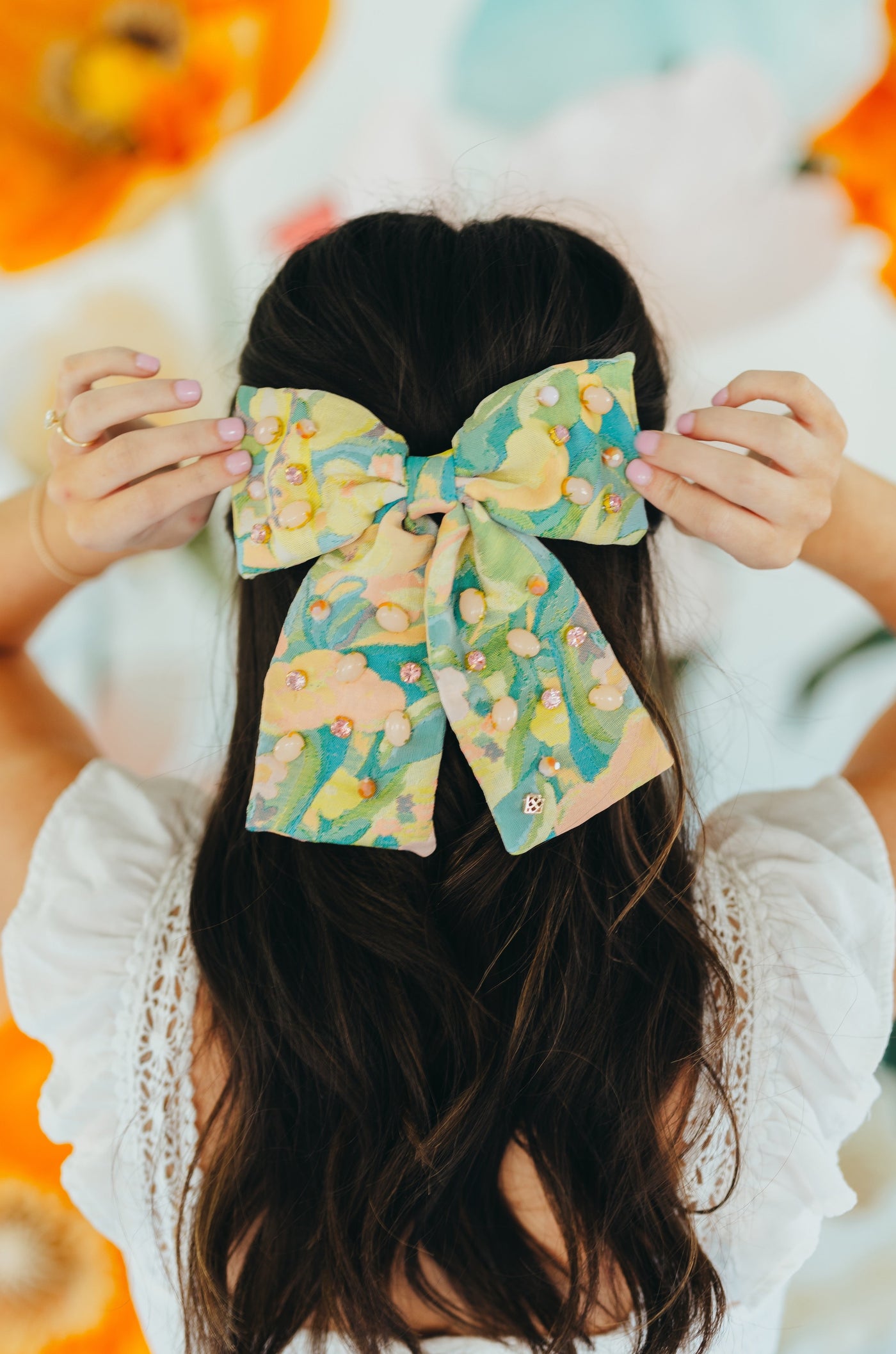 Peach & Green Floral Barrette Bow With Cabochons & Crystals