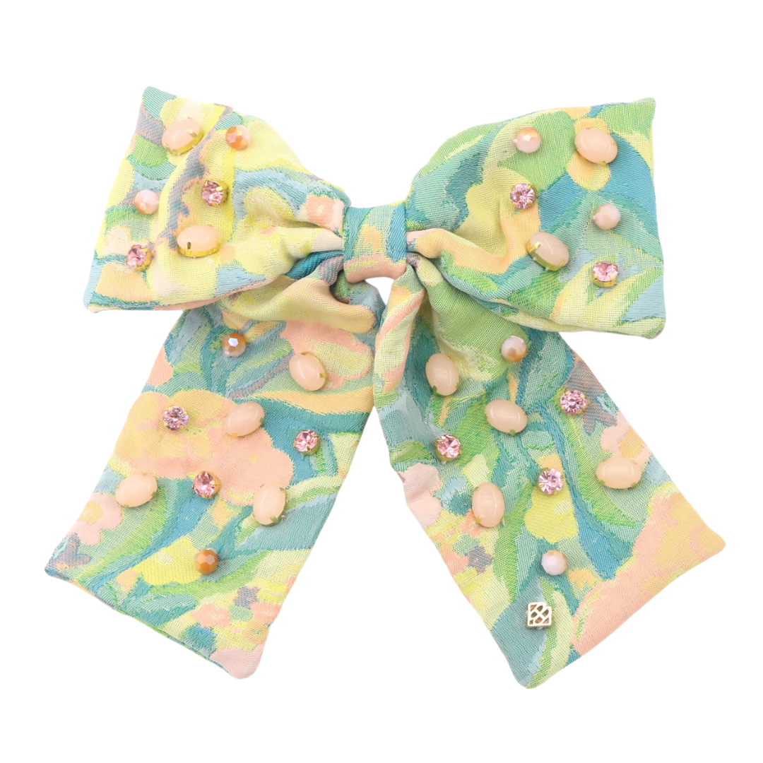 Peach & Green Floral Barrette Bow With Cabochons & Crystals