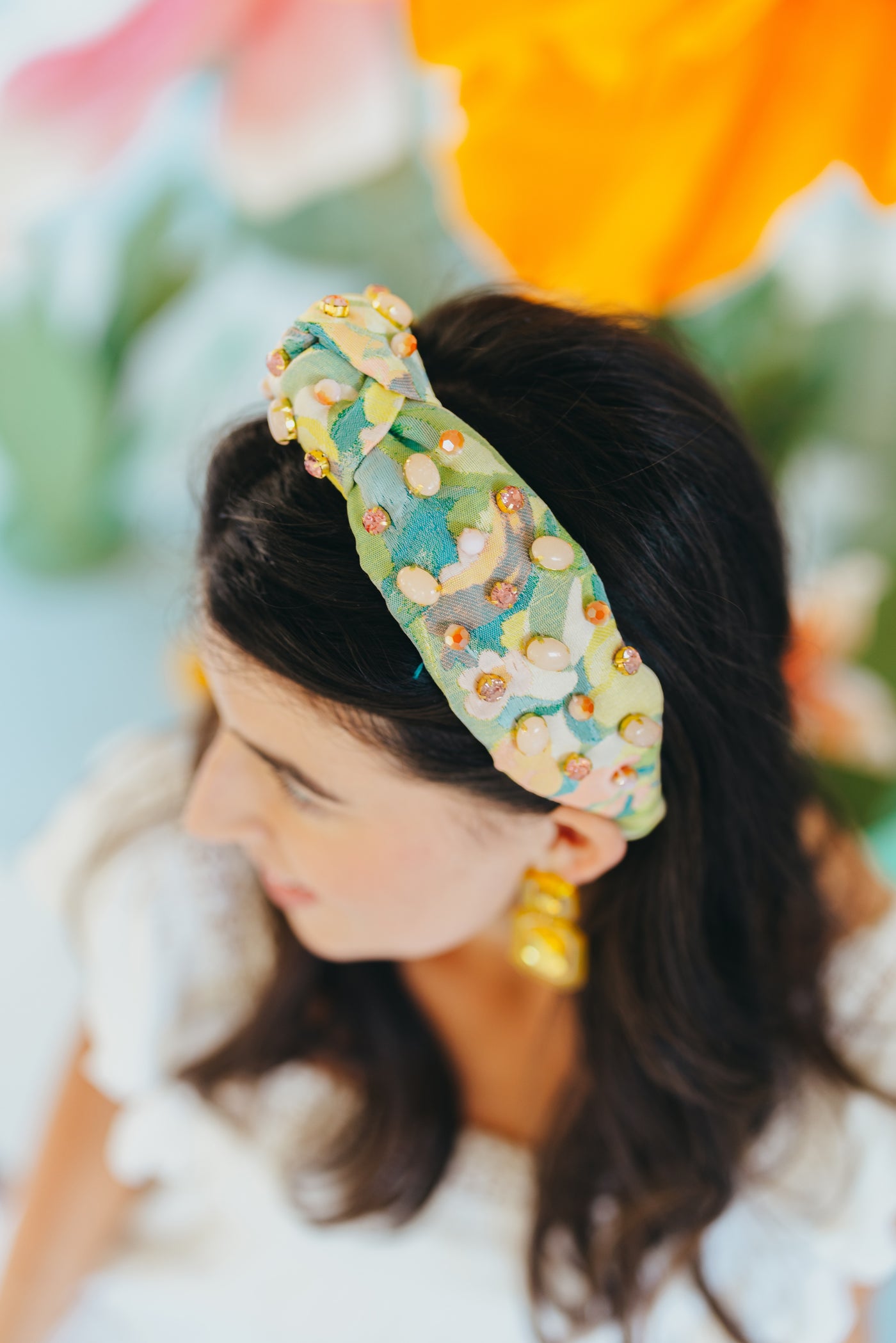 Adult Size Peach & Green Floral Headband With Cabochons & Crystals