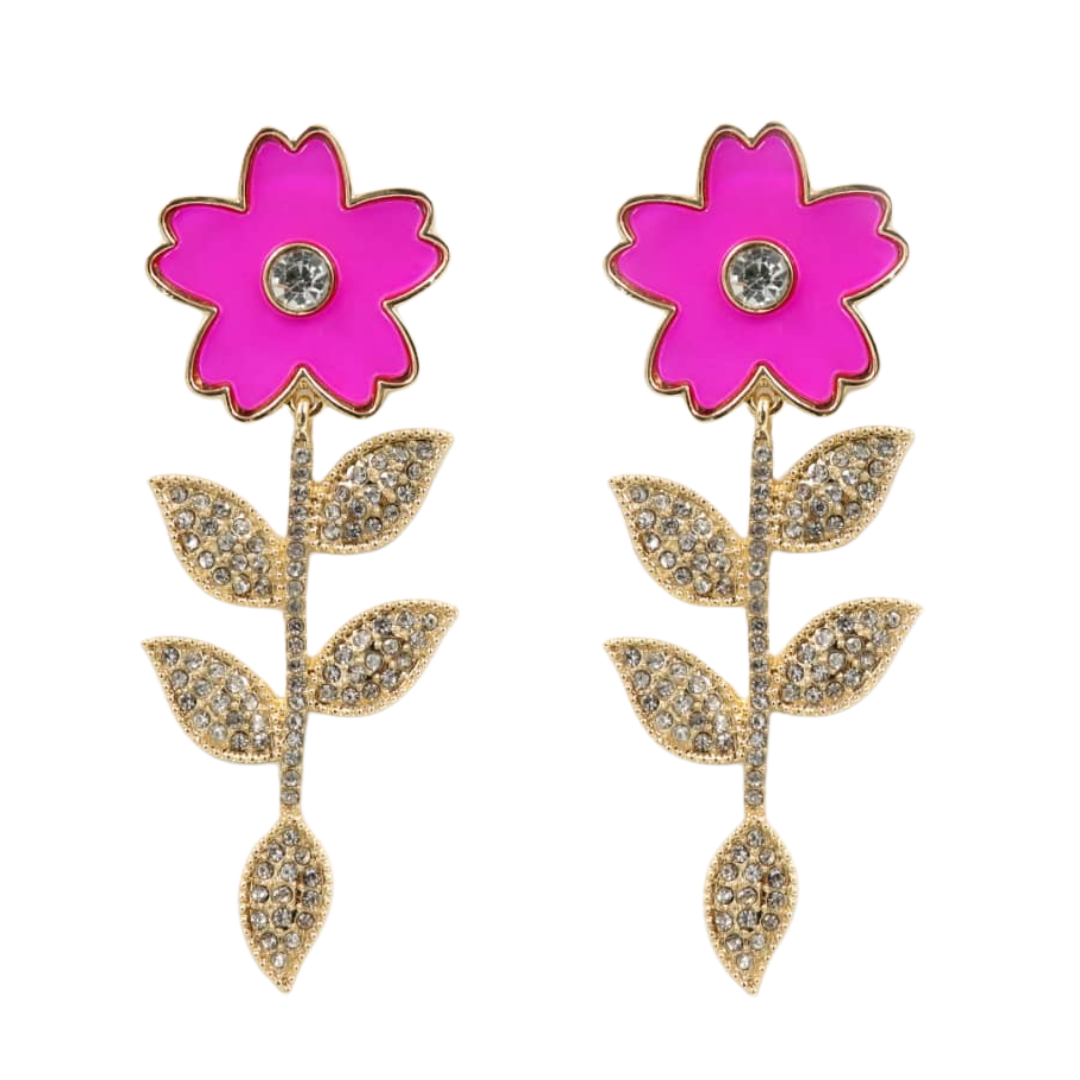 Pink Flower Earrings With Crystal Stem