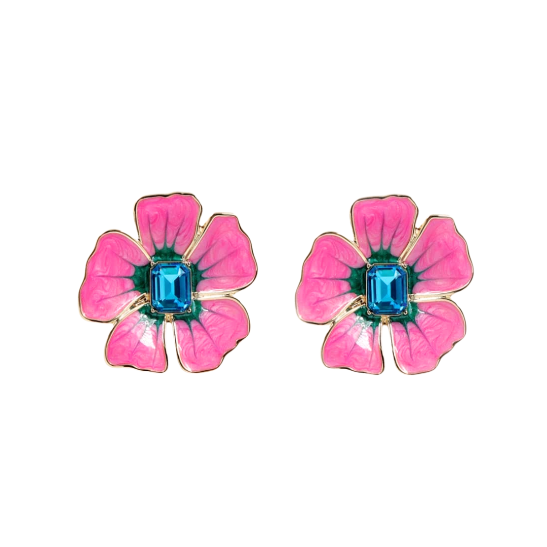 Hand Painted Pink and Blue Hibiscus Earring