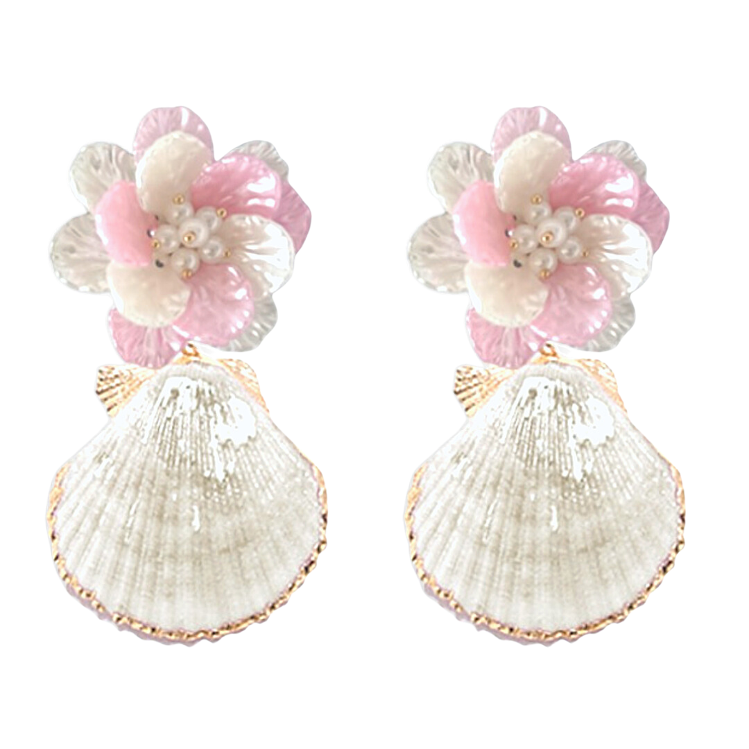 Shell Earrings with Pearly Pink Flower