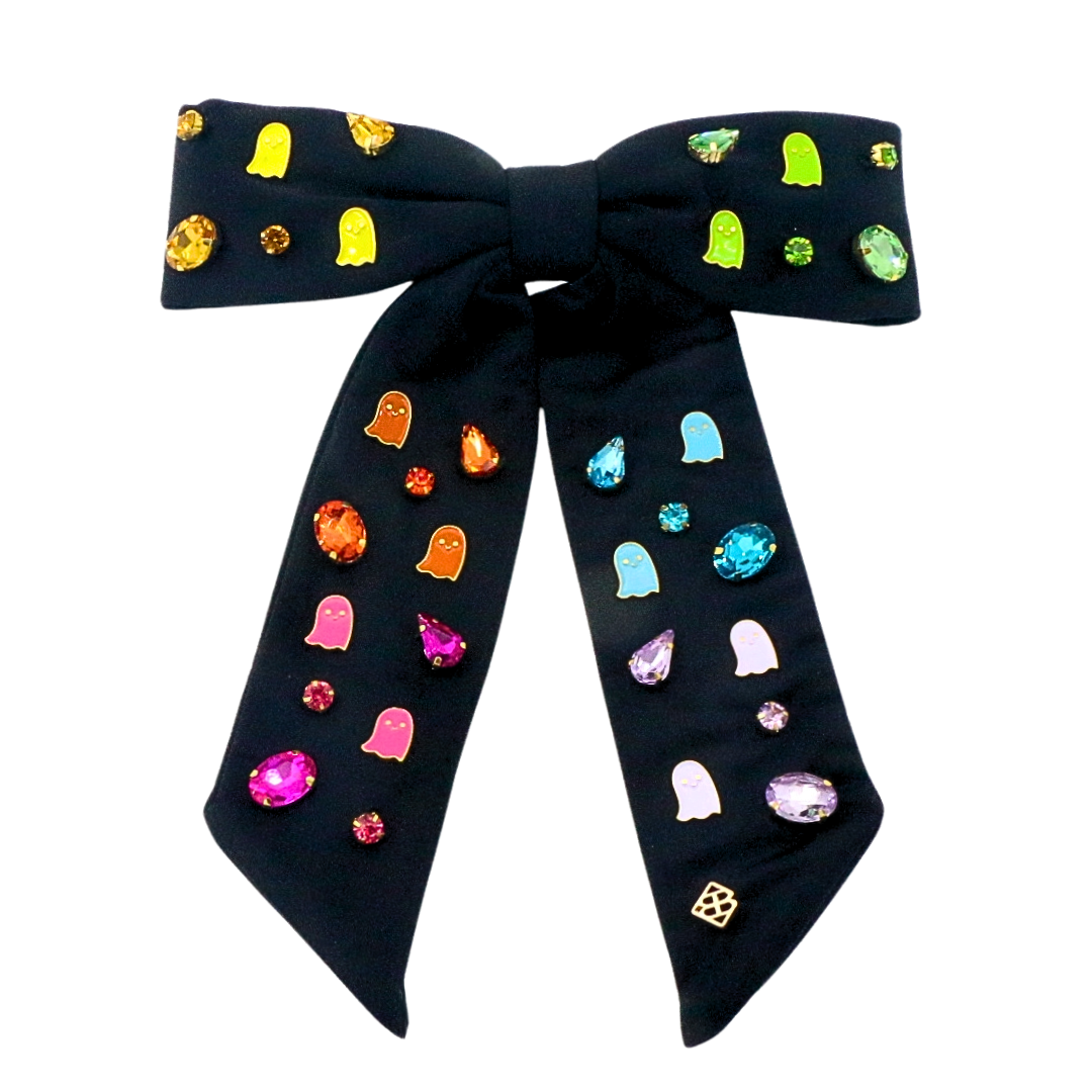 Black Bow Barrette With Neon Ghosts & Crystals