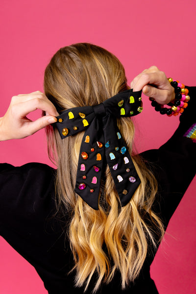 Black Bow Barrette With Neon Ghosts & Crystals