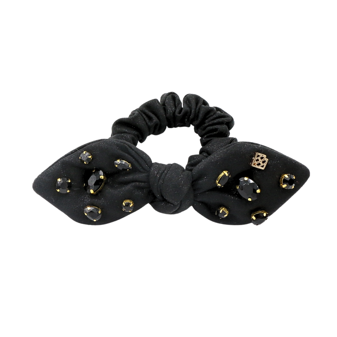 Shimmer Bow Scrunchie with Hand Sewn Crystals in Black