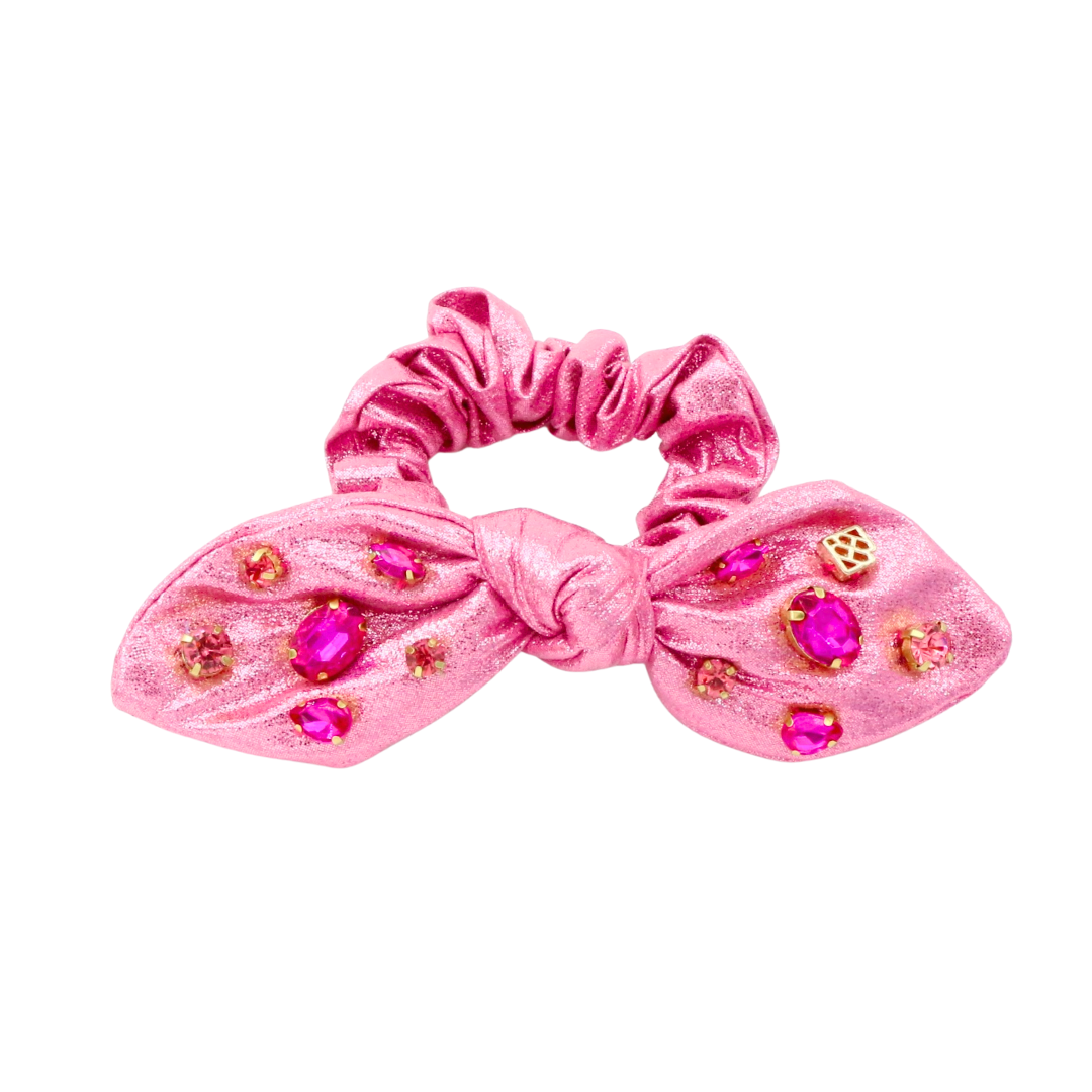 Shimmer Bow Scrunchie with Hand Sewn Crystals in Pink