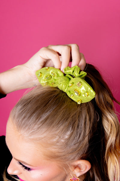 Shimmer Bow Scrunchie with Hand Sewn Crystals in Green