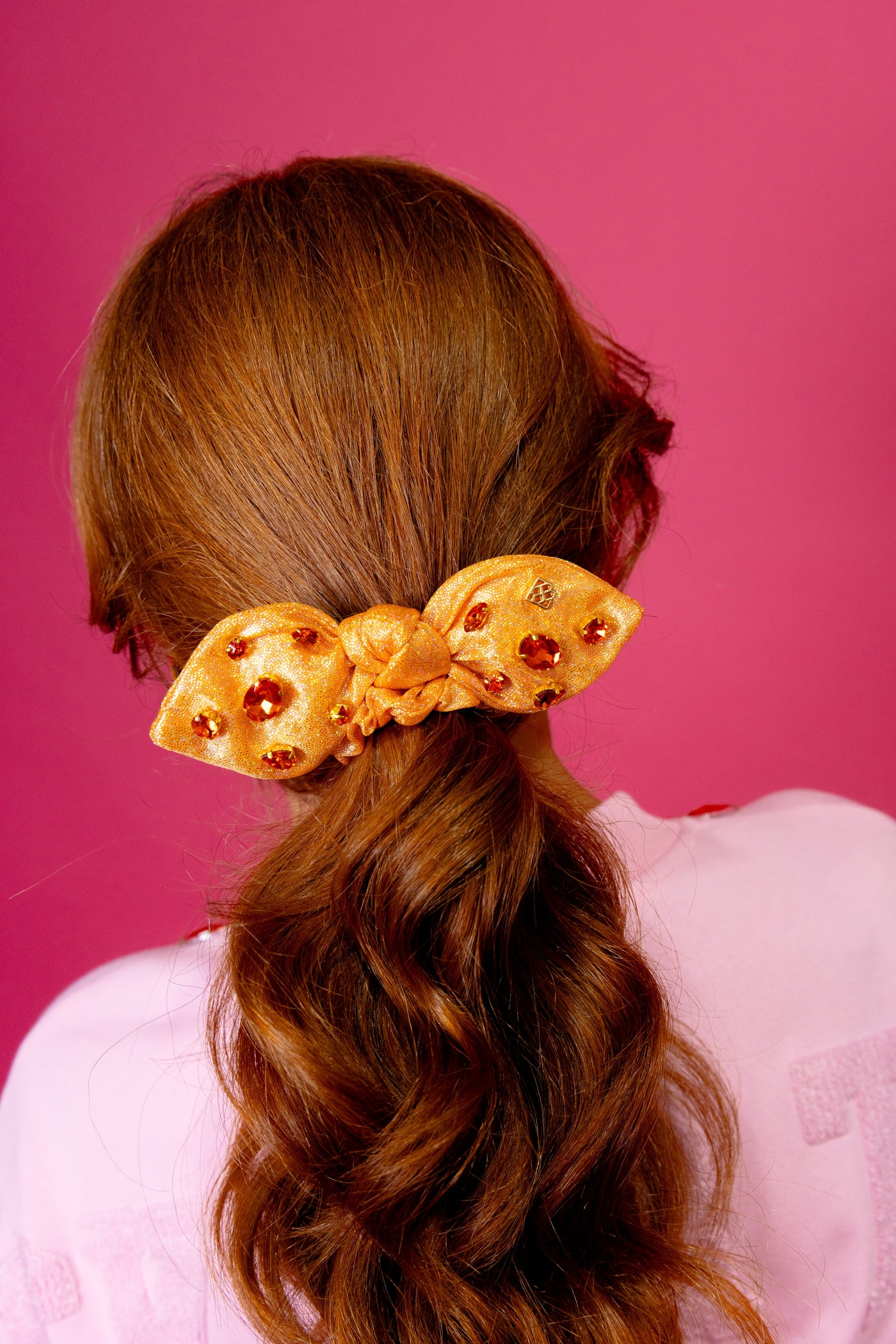 Shimmer Bow Scrunchie with Hand Sewn Crystals in Orange