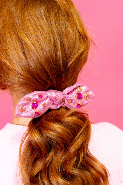 Shimmer Bow Scrunchie with Hand Sewn Crystals in Pink