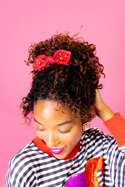 Shimmer Bow Scrunchie with Hand Sewn Crystals in Red