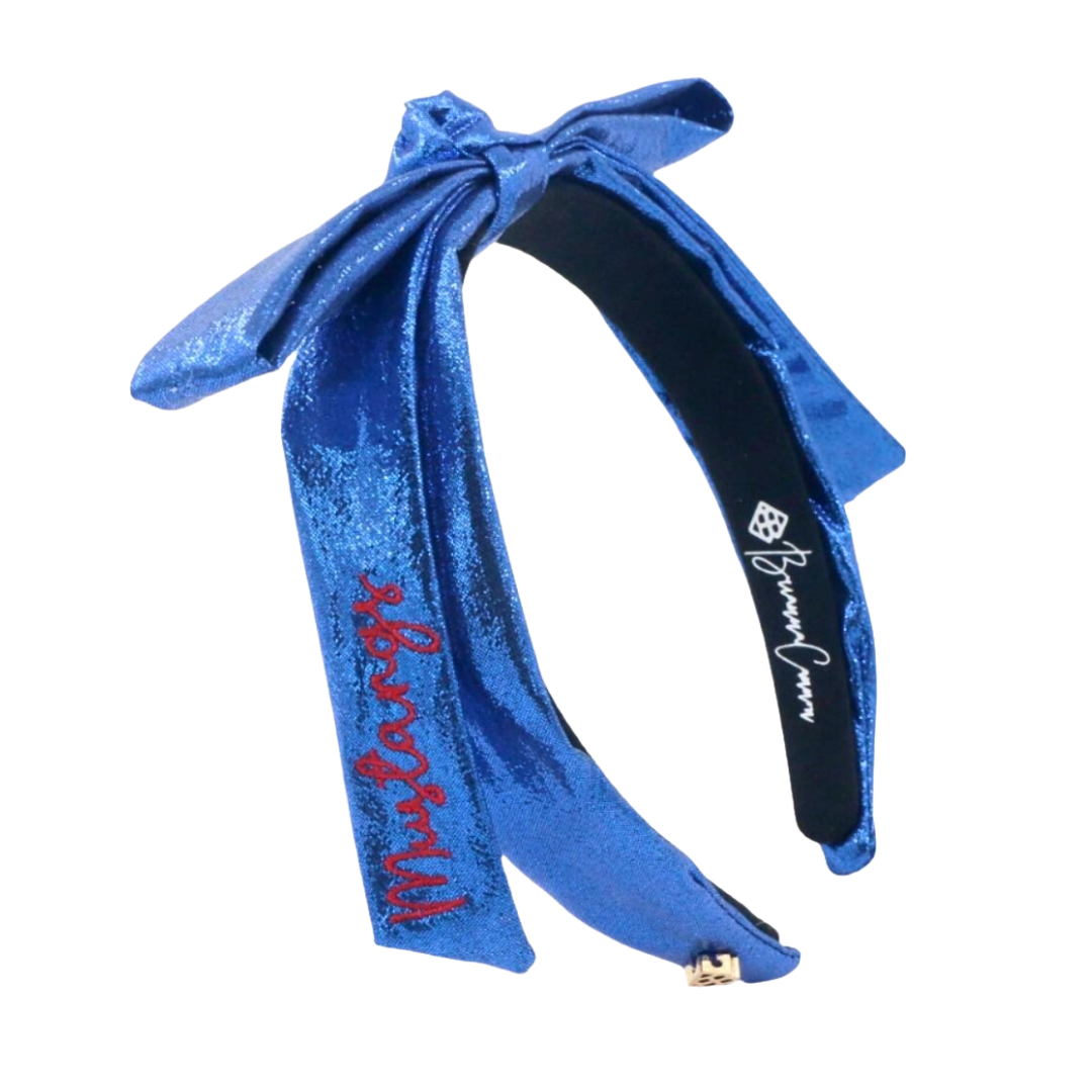 SMU Blue Thin Embroidered Ribbon Bow Headband