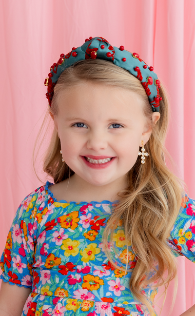 Child Size Teal Headband With Red Floral Embroidery and Stones