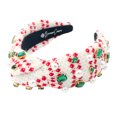 Adult Size White & Red Knit Winter Headband With Crystals & Pearls