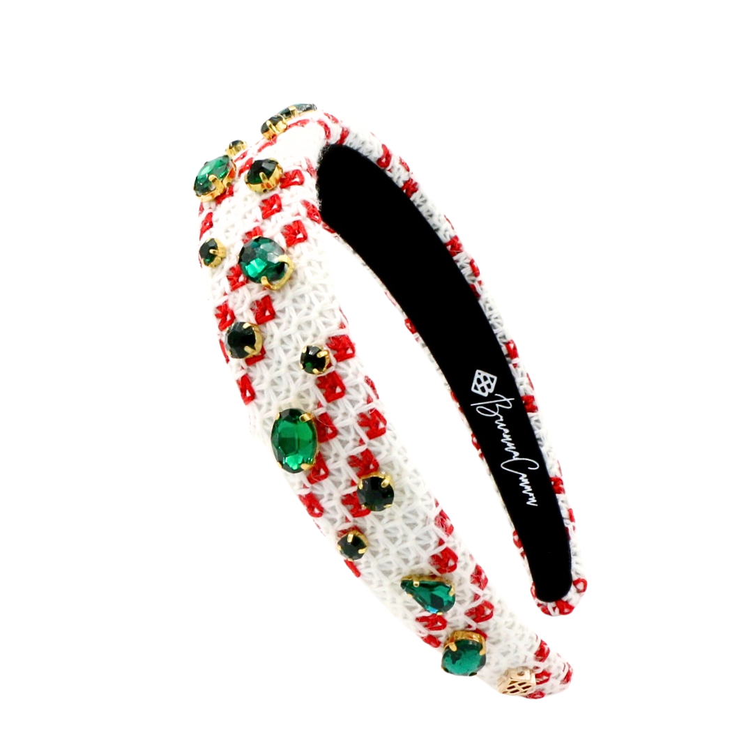 Thin White & Red Knit Winter Headband With Crystals & Pearls