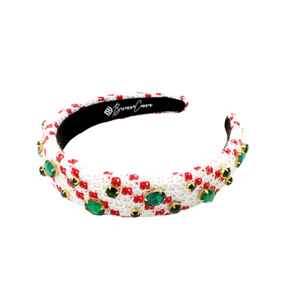 Thin White & Red Knit Winter Headband With Crystals & Pearls