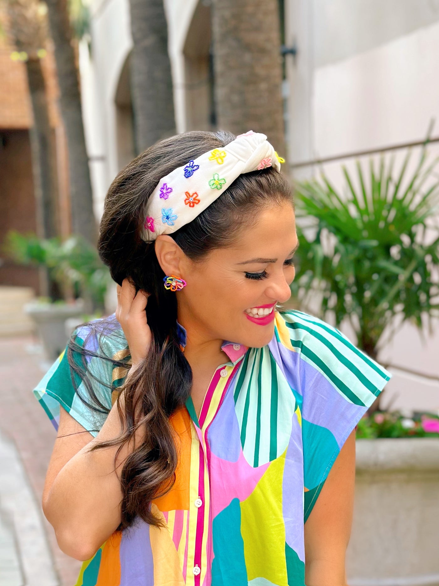 White Headband with Colorful Beaded Flowers and + Free Earrings