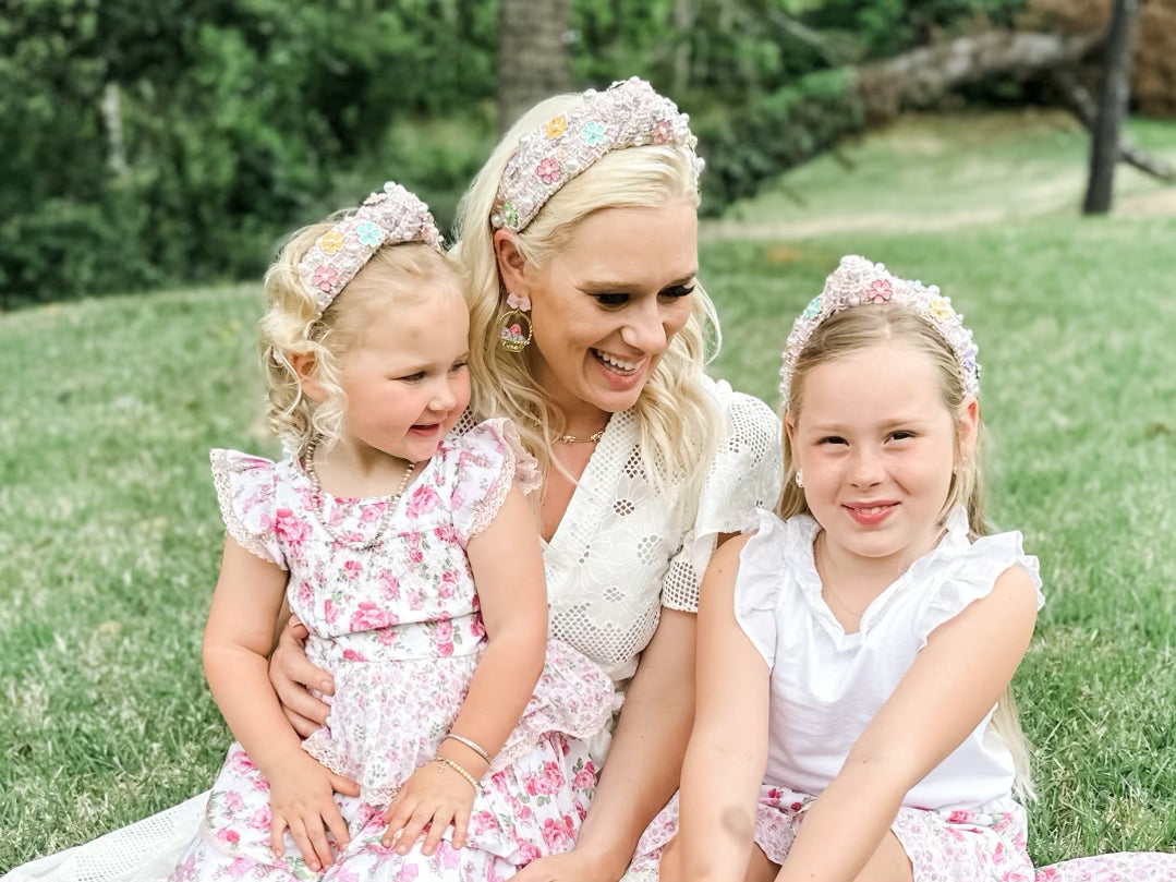 Child Size Pink Tweed Headband with Flowers