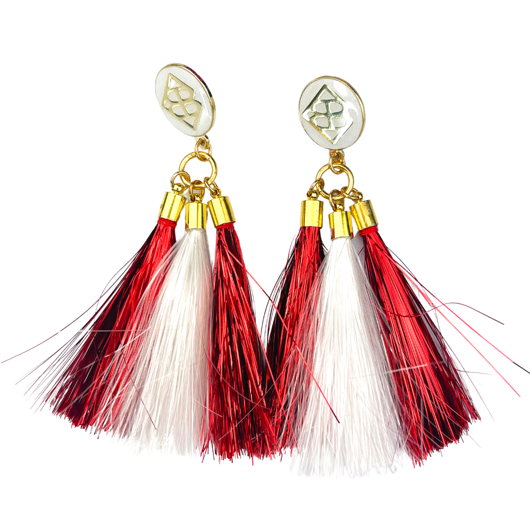 Crimson and White Metallic Jumbo Tassel Earrings