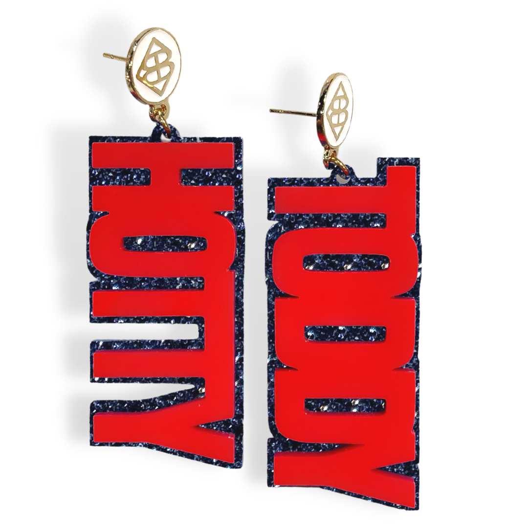 Ole Miss Red and Navy Glitter HOTTY TODDY Earrings