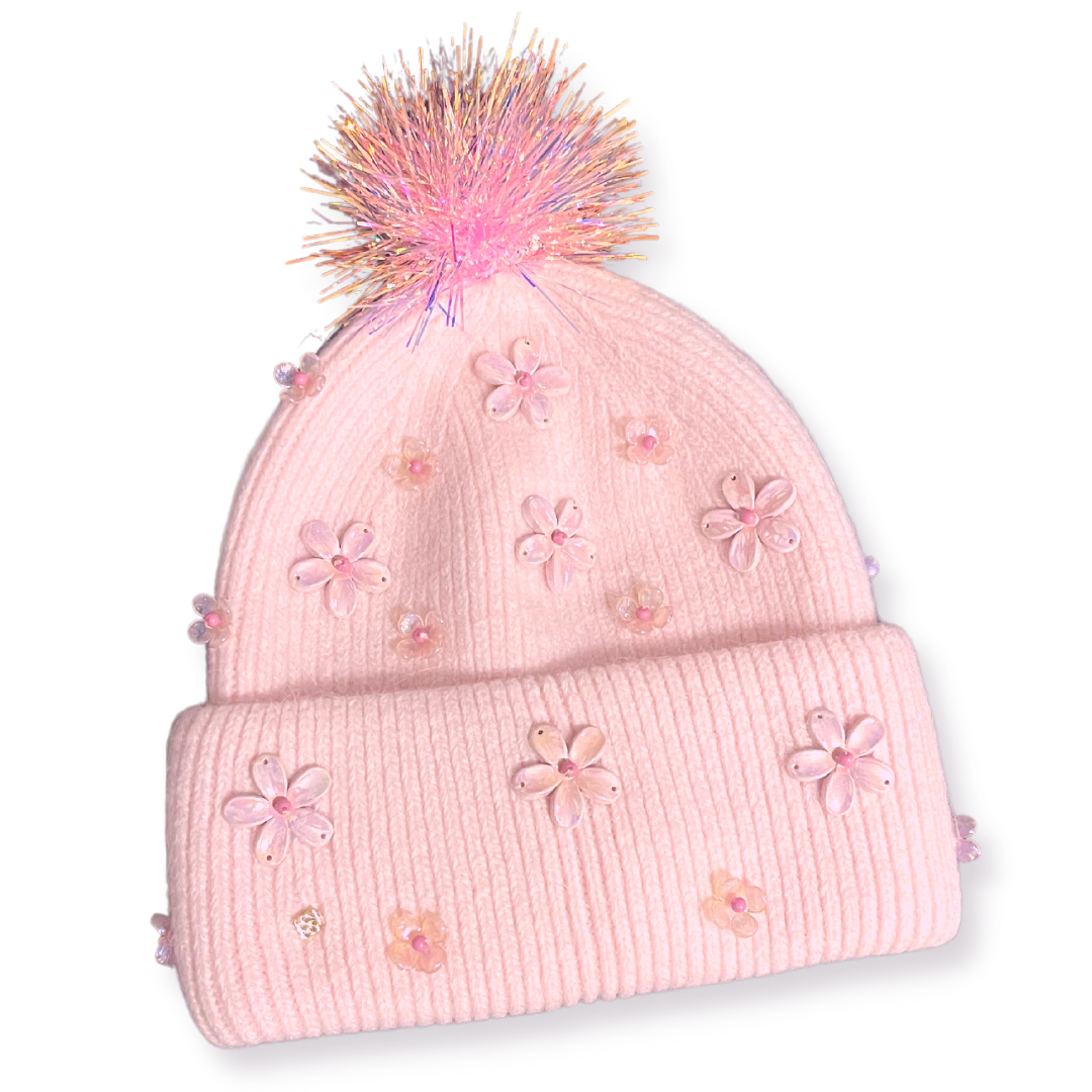 Pink Cashmere Beanie with Flowers and Iridescent PomPom