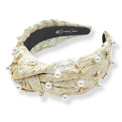 Gold and Ivory Metallic Headband with Pearls and Crosses