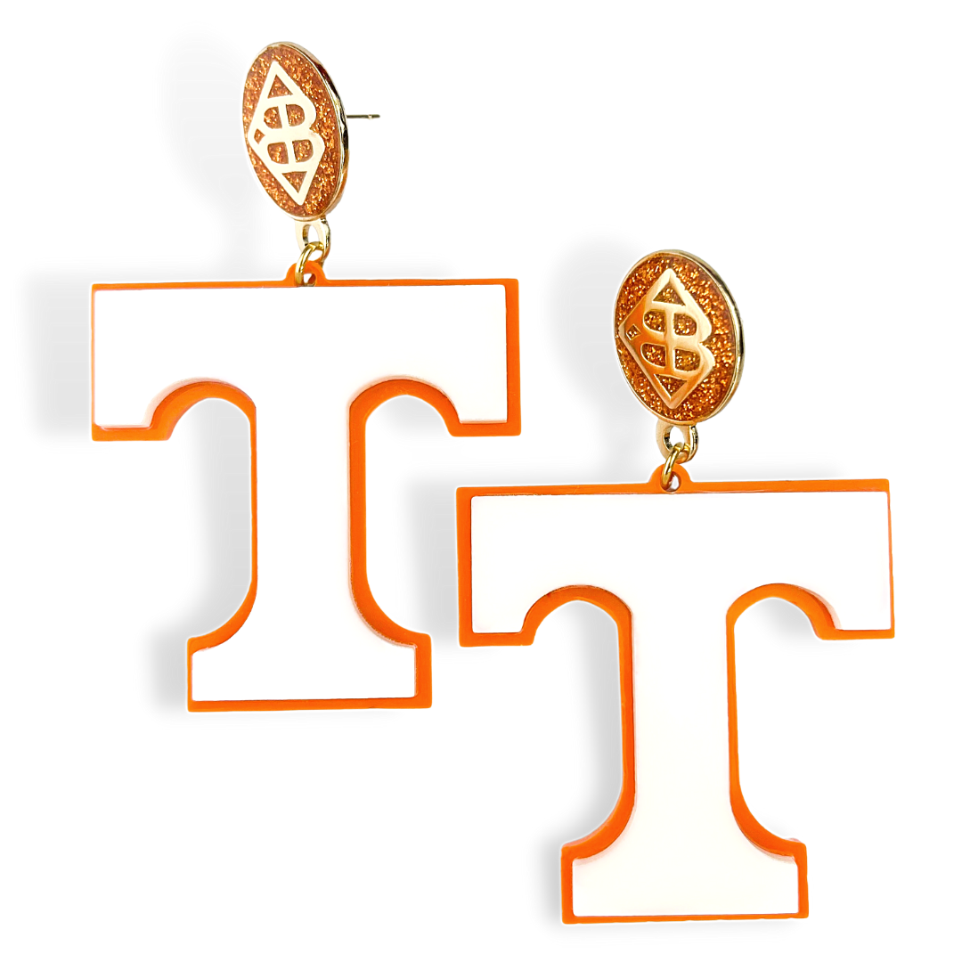 University of Tennessee White and Orange Power T Earrings