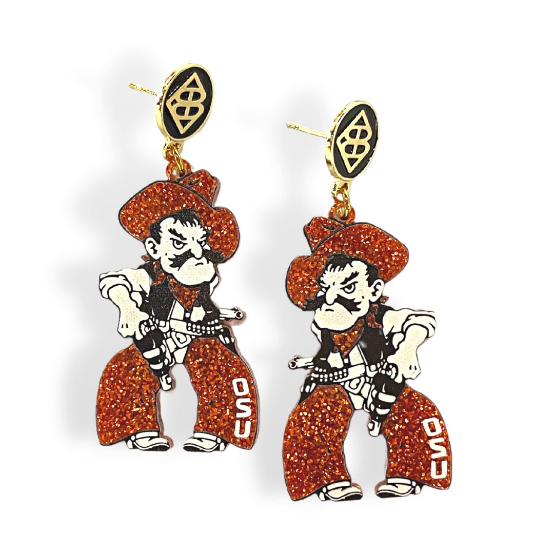 Oklahoma State Orange Glitter Pistol Pete Earrings