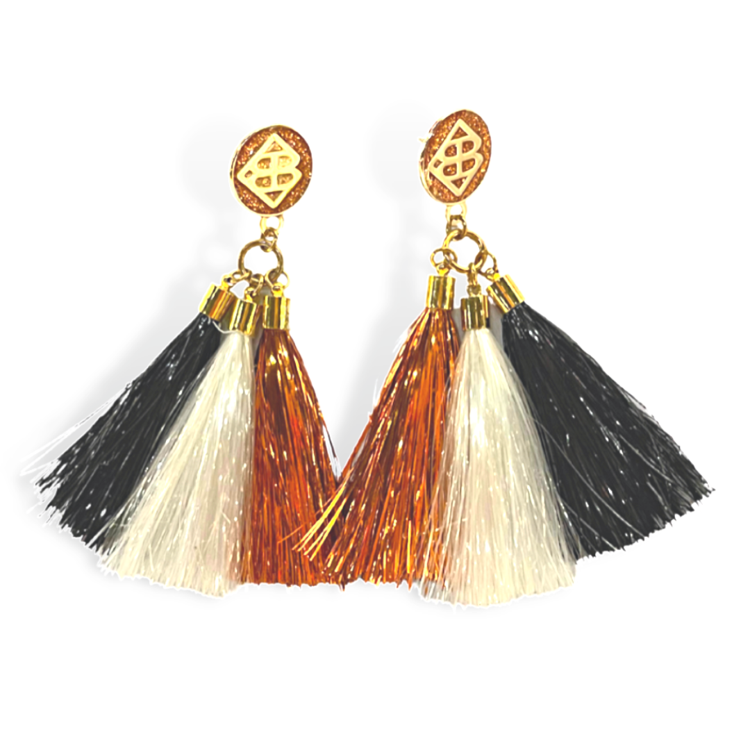 Orange, Black, and White Metallic Jumbo Tassel Earrings