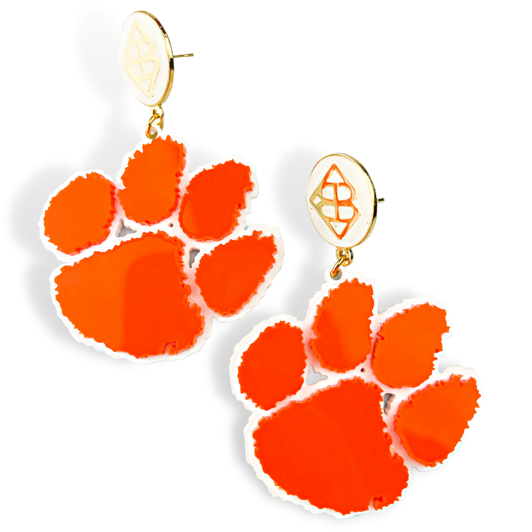 Clemson Orange and White Paw Earrings