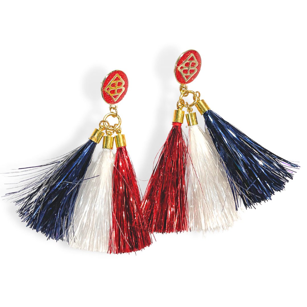 Red, White, and Navy Metallic Jumbo Tassel Earrings