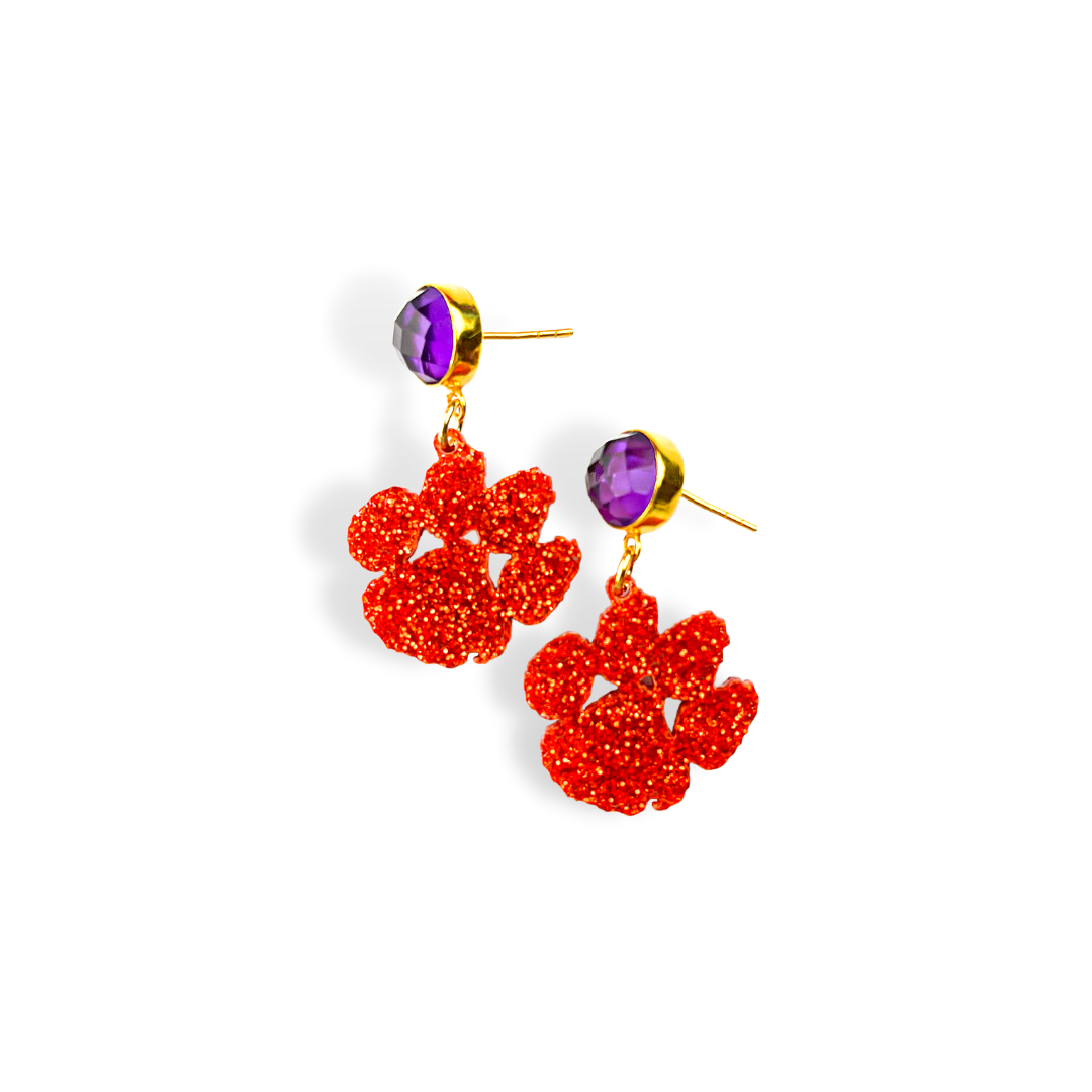 Clemson Mini Orange Glitter Paw Earrings