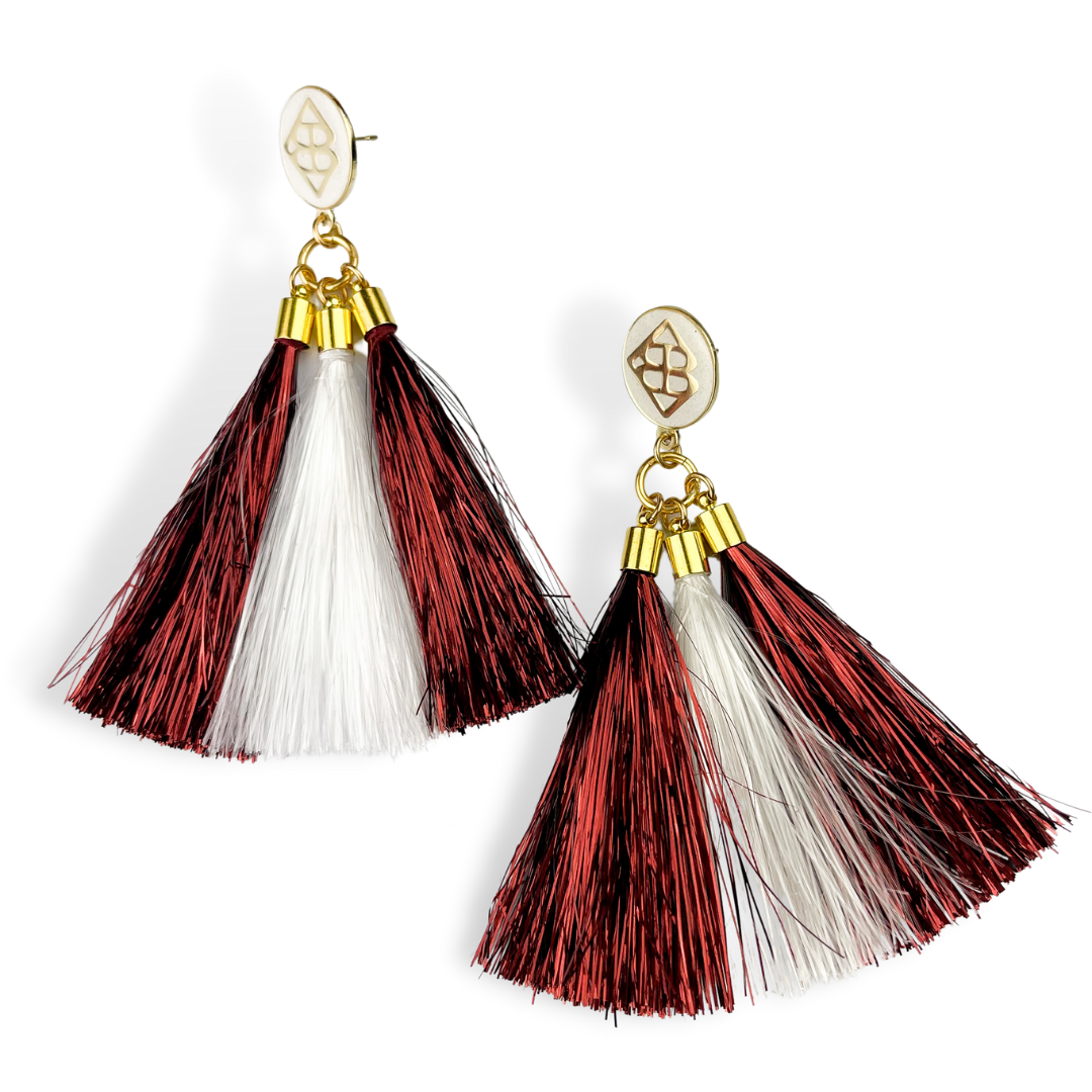 Maroon and White Metallic Jumbo Tassel Earrings