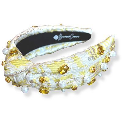 Yellow Jacquard Metallic Headband with Crystals and Pearls