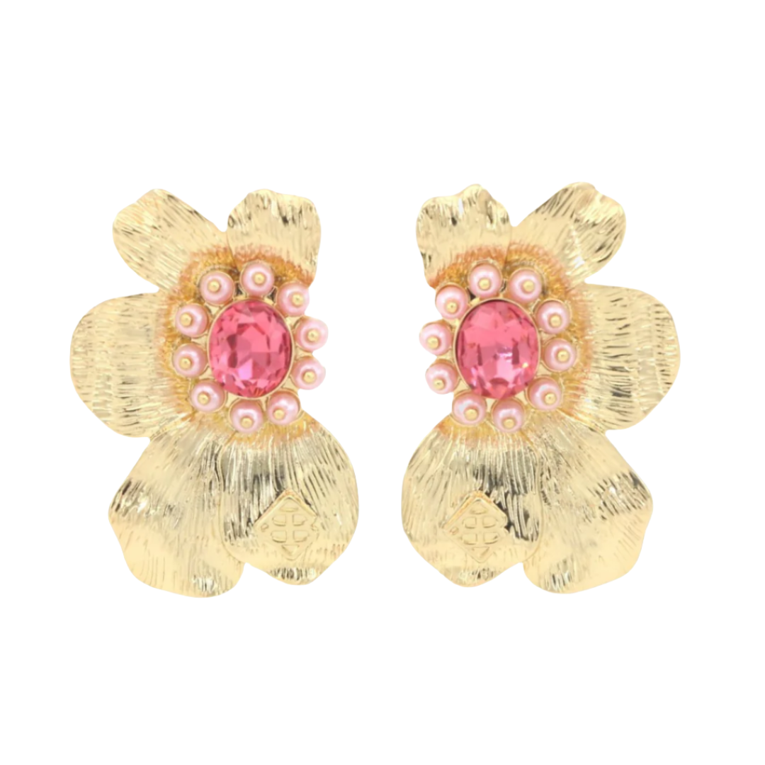 Golden Bloom Statement Earrings in Pink