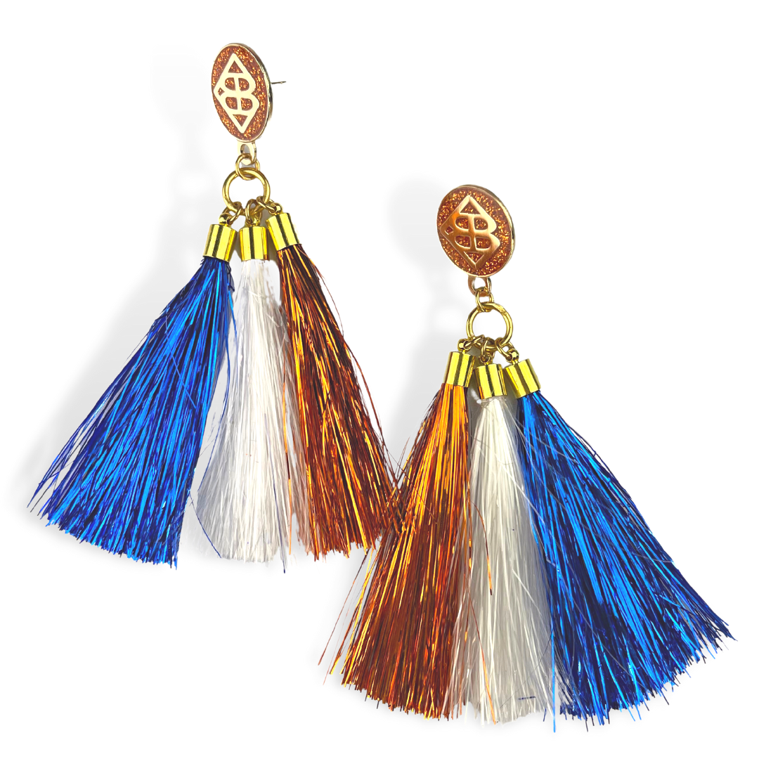 Blue, White, and Orange Metallic Jumbo Tassel Earrings