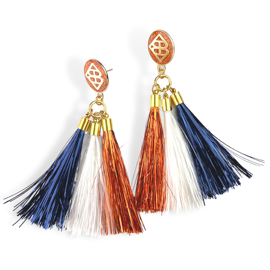 Navy, White, and Orange Metallic Jumbo Tassel Earrings