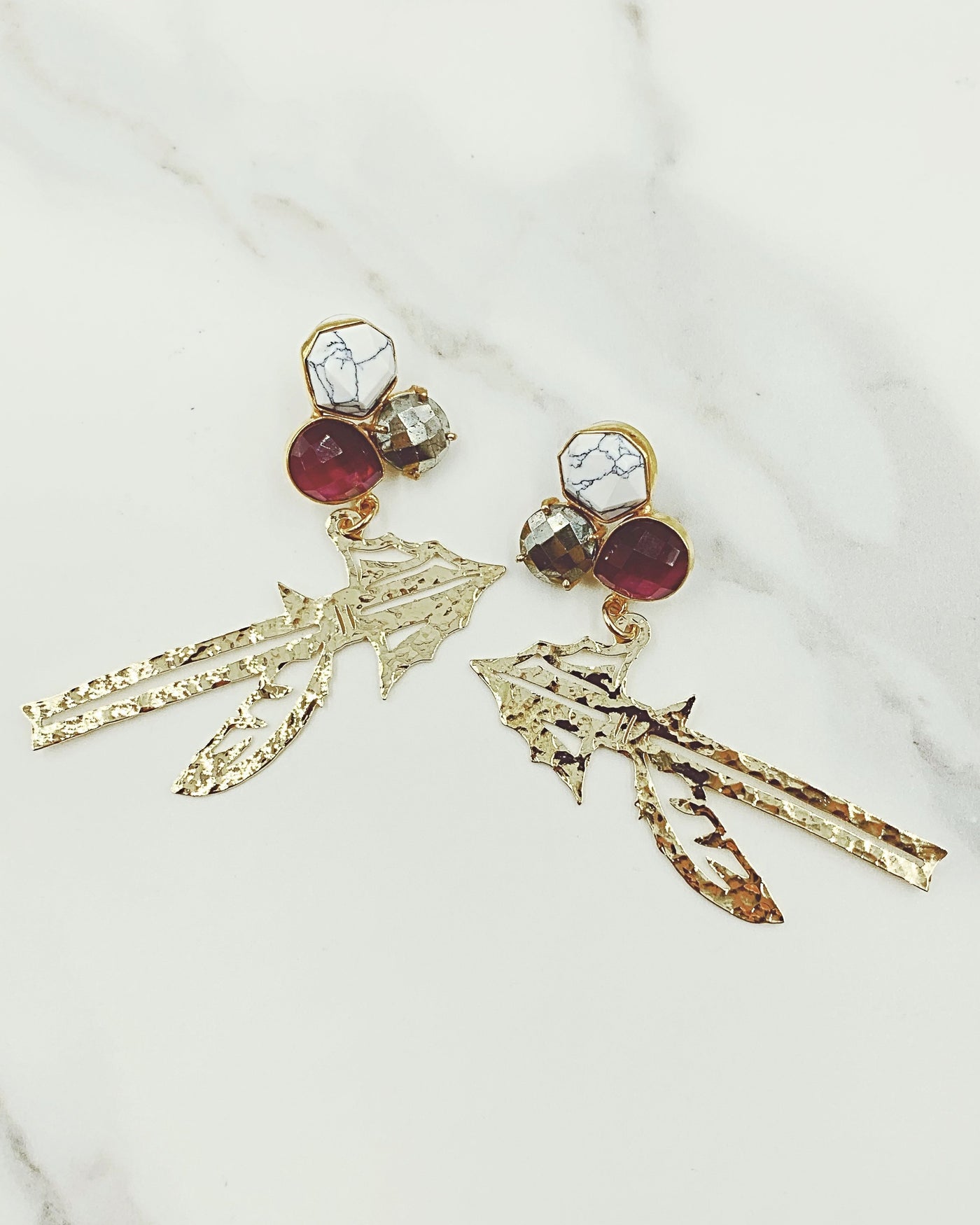 Florida State Gold Spear Earrings with 3 Gemstones