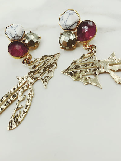 Florida State Gold Spear Earrings with 3 Gemstones